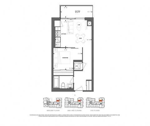 Floor plan for 1 bed, 1 bath, 495 sqft